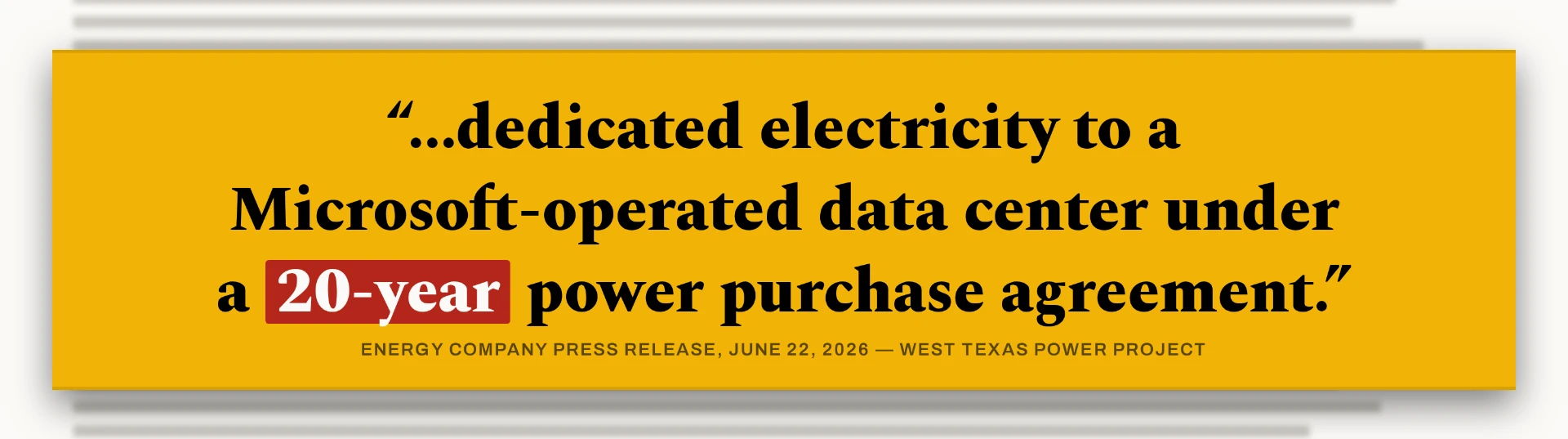 Highlighted contract language: dedicated electricity to a Microsoft-operated data center under a 20-year power purchase agreement