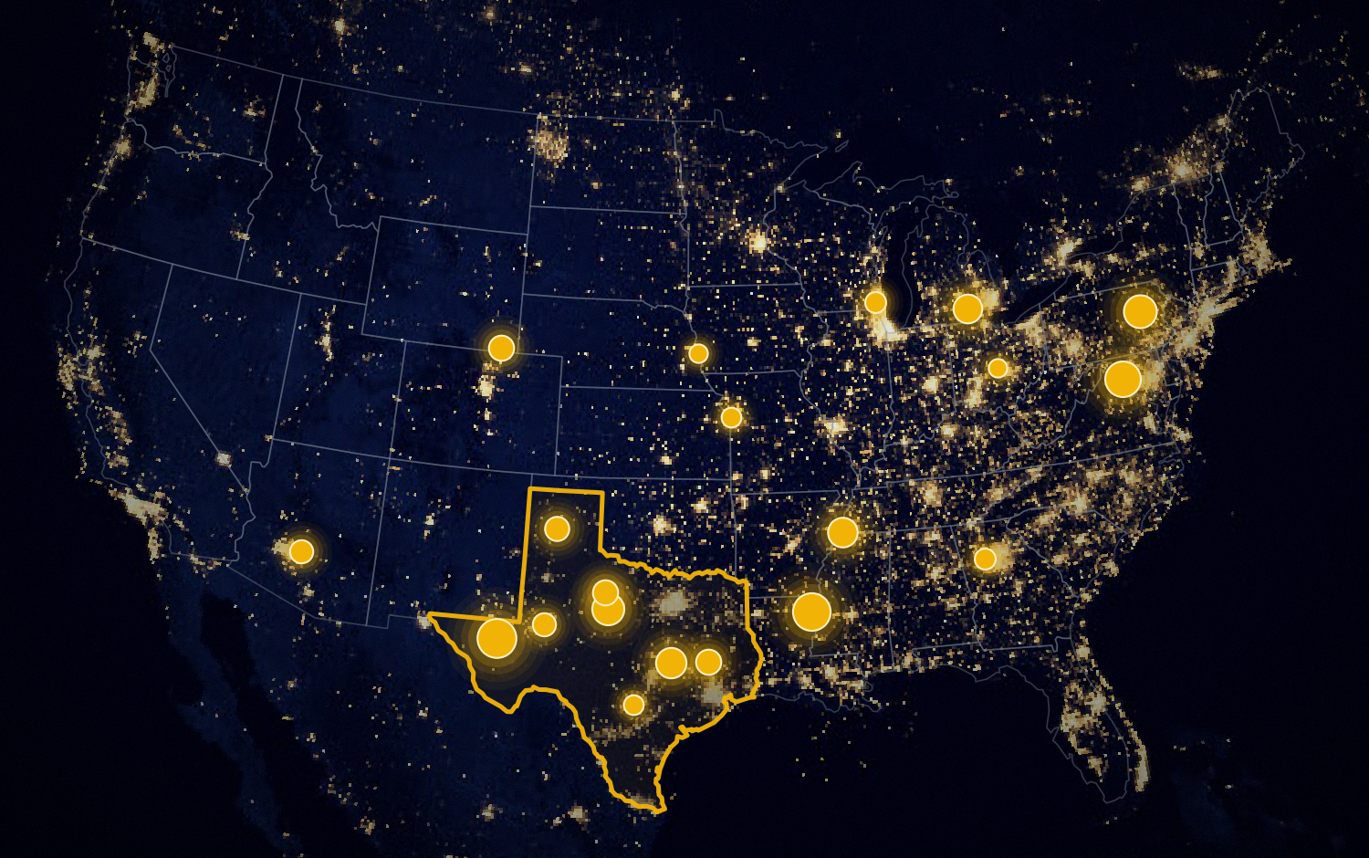 Night view of the United States with on-site power projects for data centers glowing, concentrated in Texas