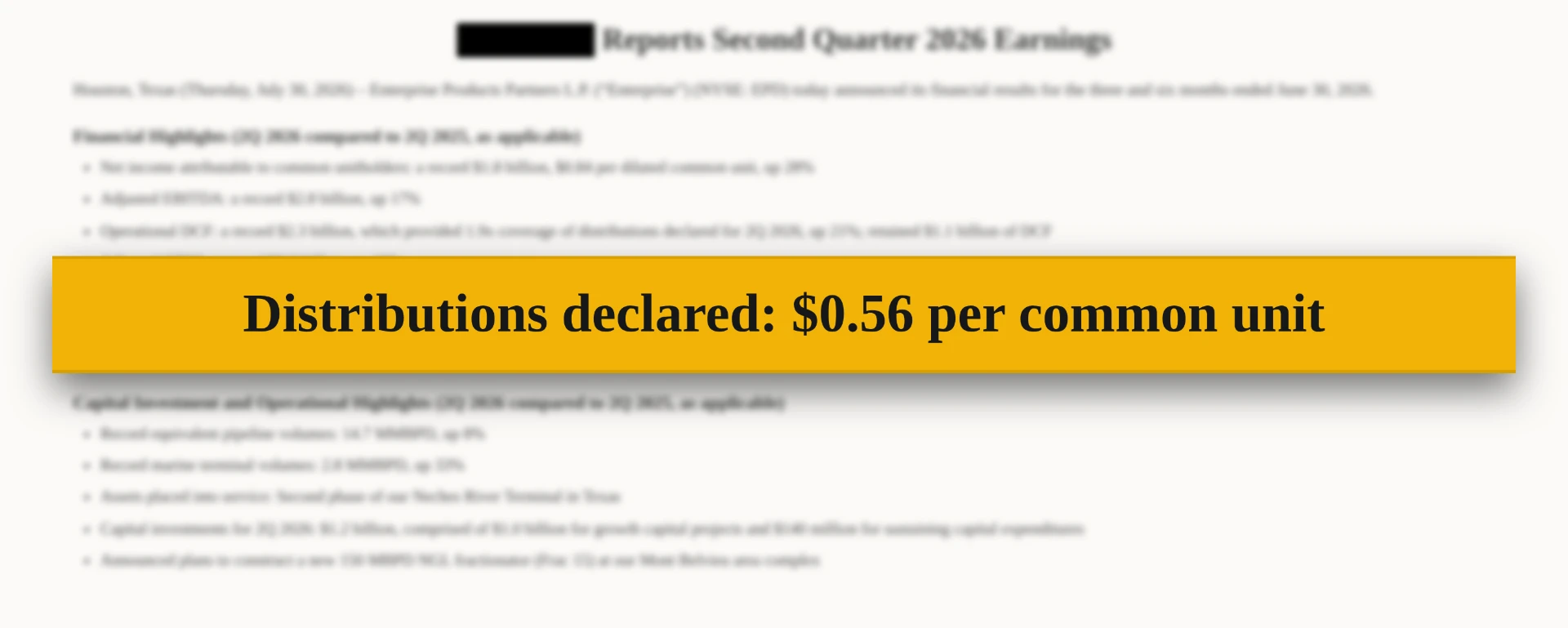 A partner company’s second quarter 2026 earnings release, with the distributions-declared line highlighted
