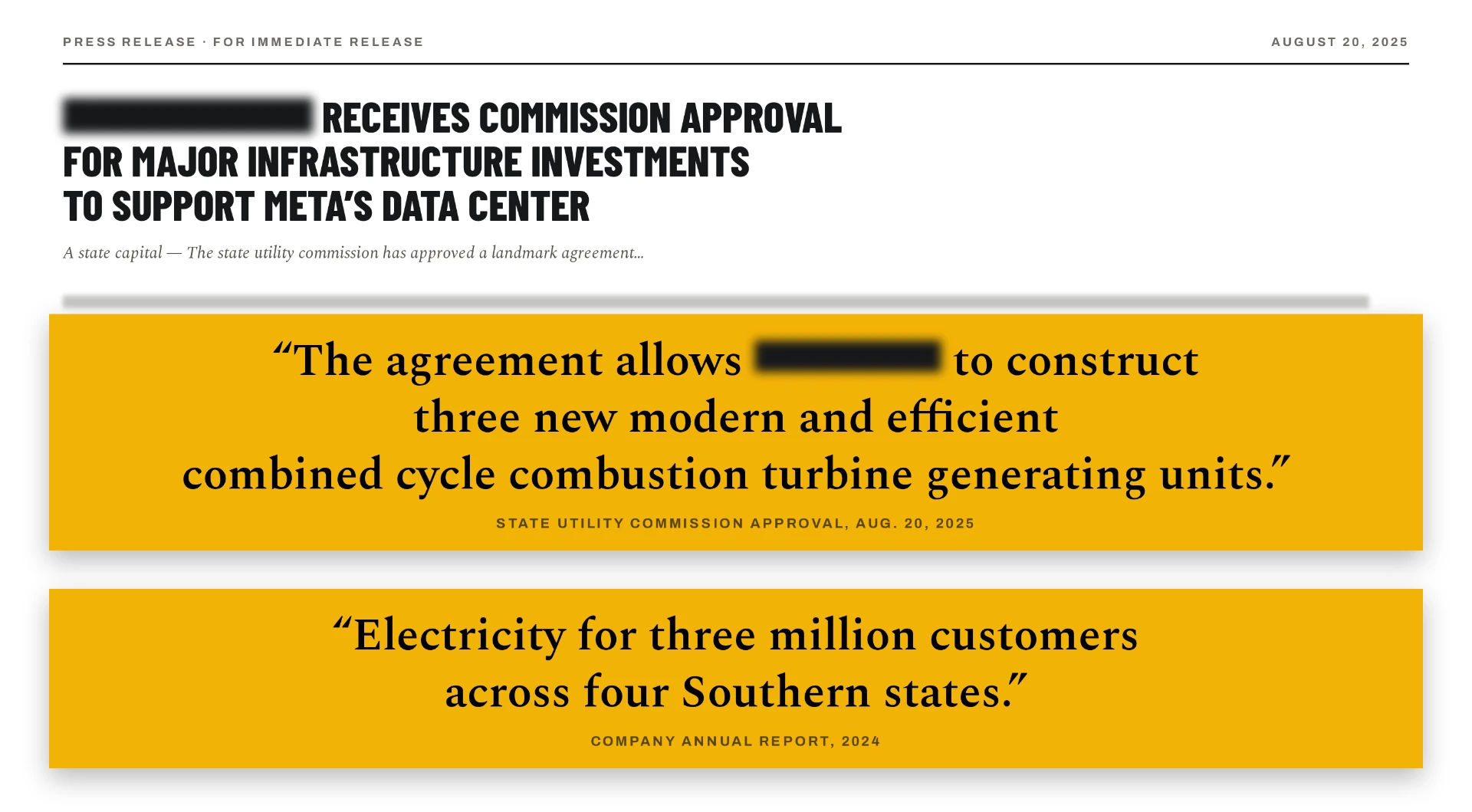 Redacted press release: the company name is blacked out, with highlighted lines noting approval to build three combined-cycle turbine units and service to three million customers across Arkansas, Louisiana, Mississippi and Texas