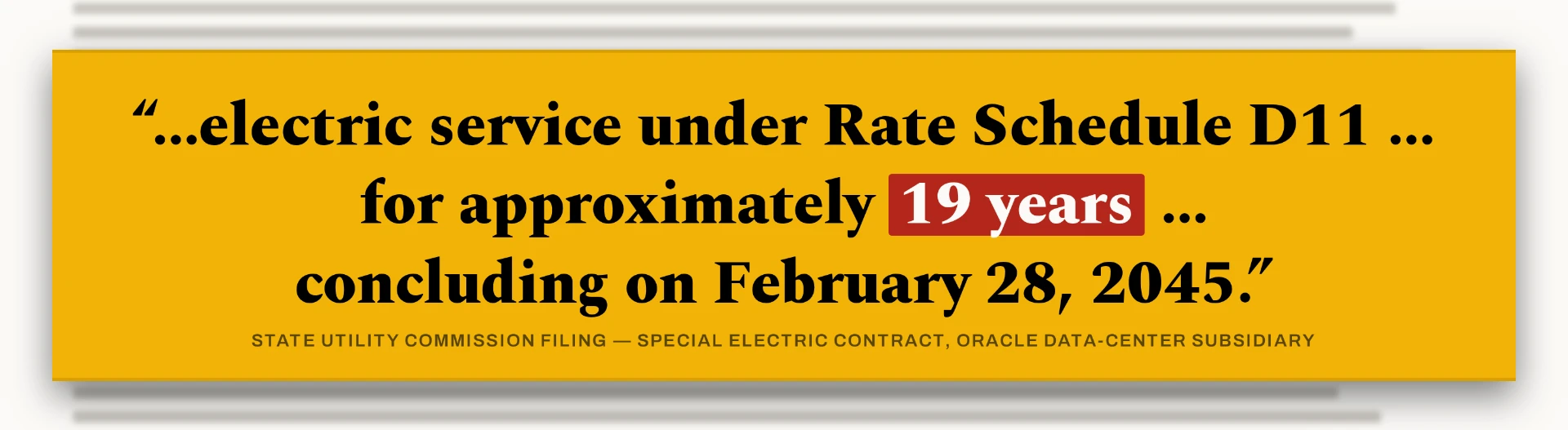 Highlighted contract language: electric service under Rate Schedule D11 for approximately 19 years from a state utility commission filing
