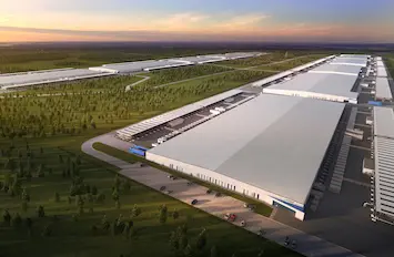Aerial rendering of a 700-megawatt Frontier data center campus with multiple long white buildings set among trees