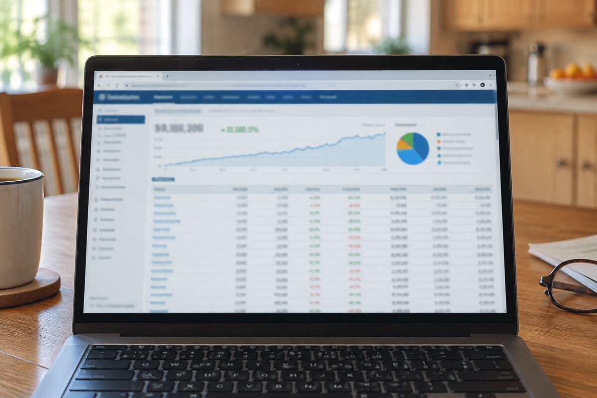 A brokerage account open on a laptop at a kitchen table